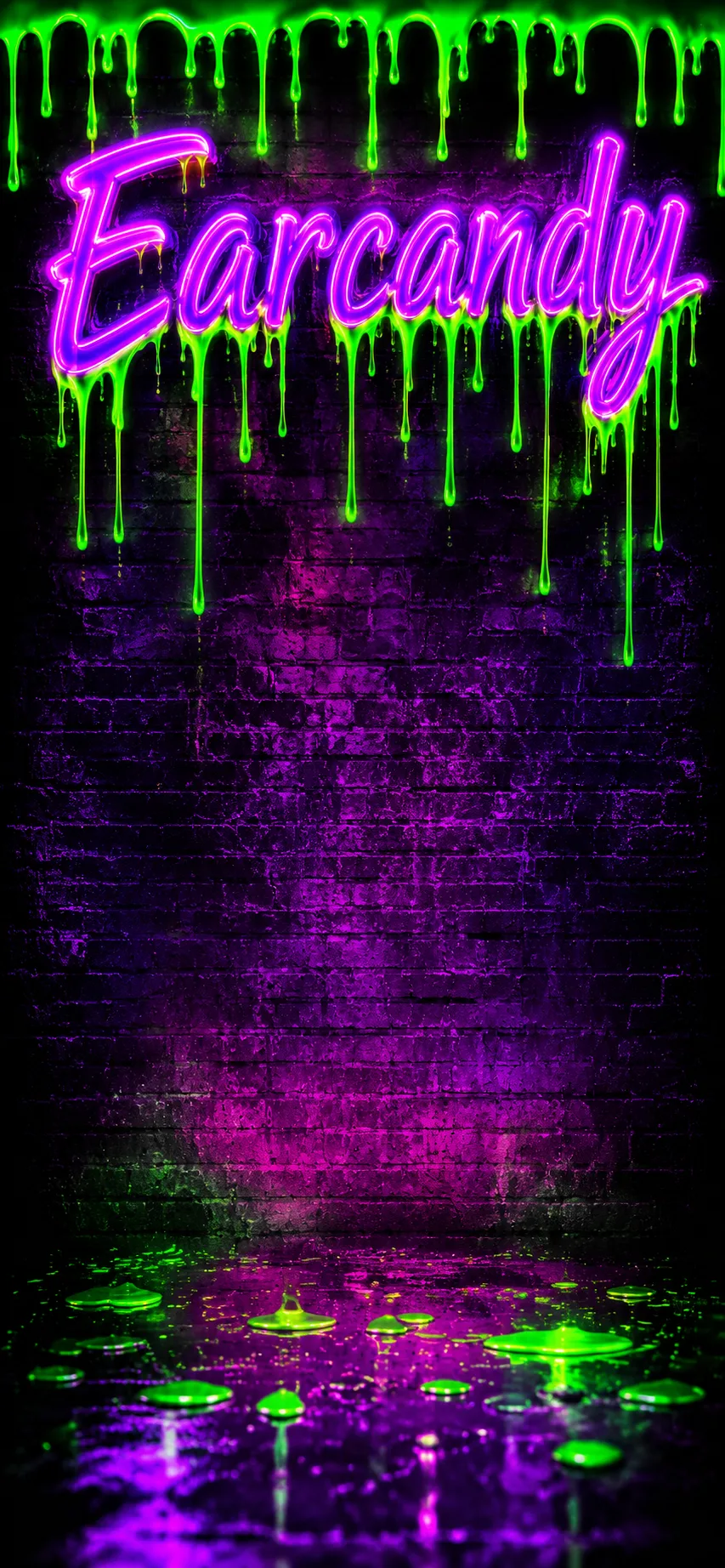 EarCandy in dripping green slime and pink neon script on a dark brick wall